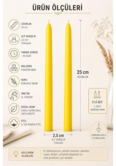 2'li Sarı Şamdan Mum Seti 25 Cm Dekoratif İnce Şamdan Mum, Kokusuz Parafin Wax,%100 Pamuk Fitil, El Döküm, Uzu Çok Renkli