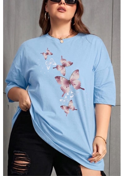 Kelebek Baskılı Kadın Büyük Beden Battal Bisiklet Yaka Pamuklu T-shirt Rahat Kesim Turkuaz