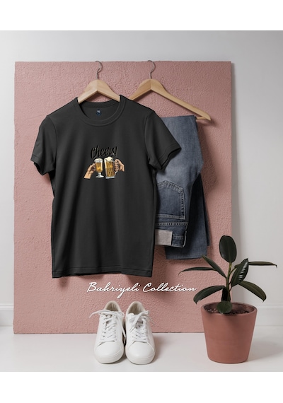 Oversize Şerefe Bardaklar Beer Tasarımlı Unisex T-shirt Siyah