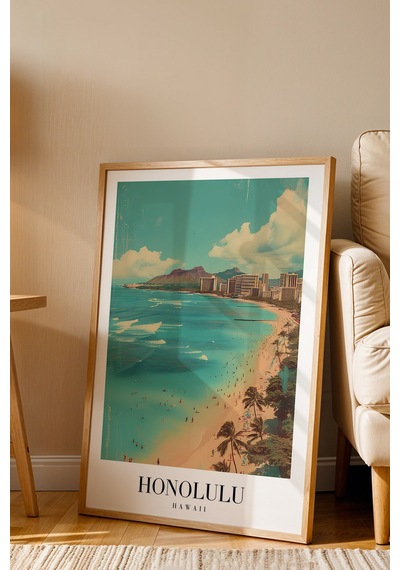 Honolulu Hawaii Vintage Seyahat Posteri Çerçeveli Tablo - Premium Tropikal Sahil Elit Duvar Dekoru Kayın