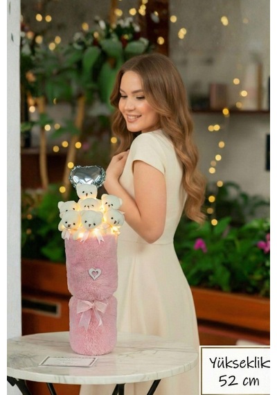 Sevgililer Gününe Özel: Deluxe Pembe Peluş Ayıcık Led Işıklı Kalp Balonlu Peluş Vazo Tasarımlı Ayıcık Buketi