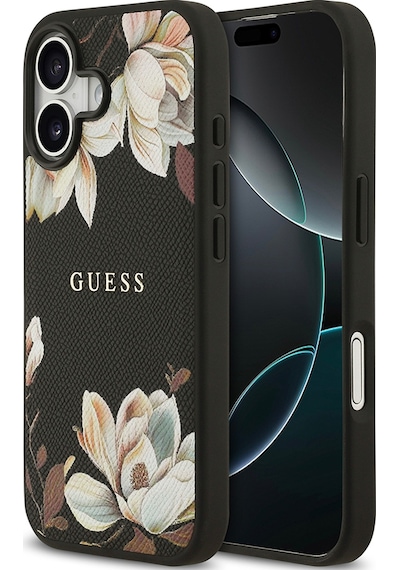 Apple Uyumlu iPhone 17 Kılıf Guess Lisanslı M-safeli Taneli Çiçek Tasarımlı Metal Yazı Logolu Kapak Siyah Siyah