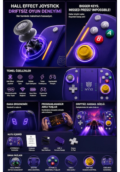 Nyxi Hyperion 3 Mor Joypad Switch 2  Hall Effect Drift Yapmayan Joystick Kablosuz Oyun Kolu Joy-con
