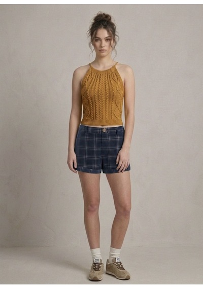 Neden Tekstil Kadın Triko Örme Halter Yaka Crop Bluz - Camel