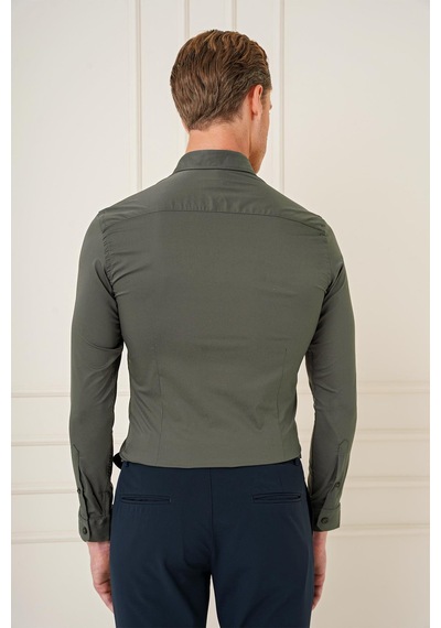 Efor Slim Fit Düğmeli Yaka Esnek Pamuk Klasik Haki Gömlek Gk 727 Haki