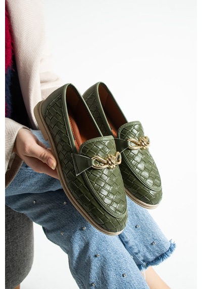 Lebibe Shoes Maby Kadın Haki Örgü Dokulu Zincir Detaylı Loafer Düz Ayakkabı Babet