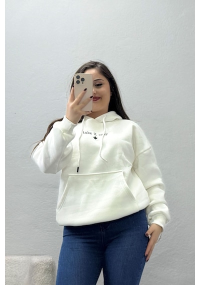 Belendir Kadın Üç İplik Kapşonlu Nakışlı Sweat Ekru Model Tv-101531 beyaz