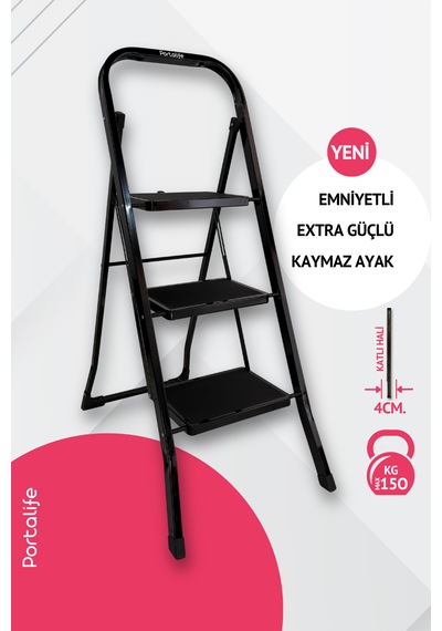 Portalife 3 Basamaklı Siyah Çelik Şık Merdiven 3 Basamak
