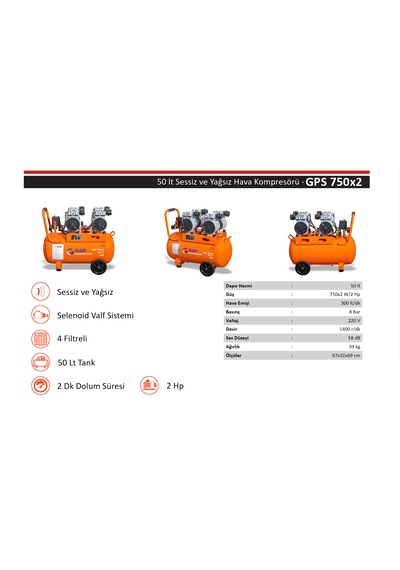 Gap 50 Lt 4 Emişli 2 Hp Sessiz Yağsız Kompresör