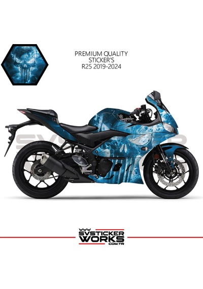 Yamaha R25 Sticker Kaplama Punisher Kaplama Modeli Hazır Kit 2019 / 2024 Uyumlu Siyah