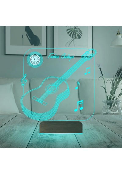 Luvivia Klasik Gitar Müzik Nota Gitarist Kişiye Özel Metal Saatli 3d Lamba - Masa Gece Lambası Şeffaf