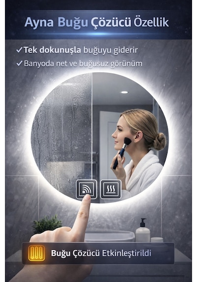 Digital Hayat Buğu Çözücü Dokunmatik Dimlenebilir Yuvarlak Ayna Mavi Işıklı Led Dekoratif Banyo Makyaj Aynası Mavi