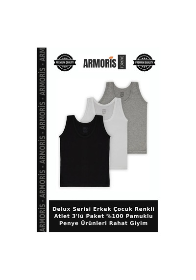 Armoris Delux Serisi Erkek Çocuk Renkli Atlet 3'lü Paket %100 Pamuklu Penye Ürünleri Rahat Giyim Çok Renkli