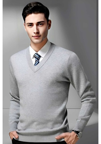 Tezzgelsin Erkek V Yaka Uzun Kol Triko Tüylenmez Süveter Erkek Slim Fit Süveter Gri
