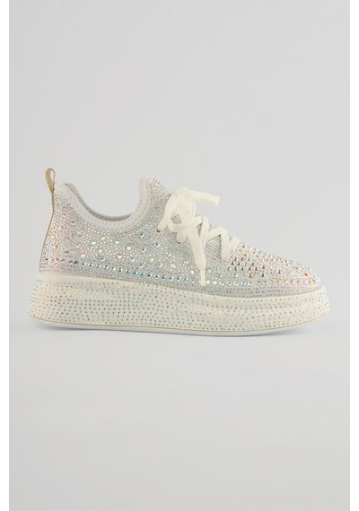 Mubiano Kadın Sneaker Taş Detaylı Kalın Tabanlı Diamond Beyaz Beyaz