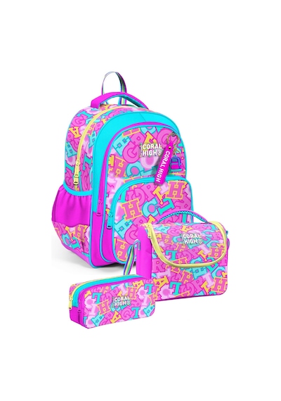Coral High Üçlü Kız Çocuk İlkokul Okul Çantası Seti Pembe Su Yeşili Harf Baskılı Setygn33241a