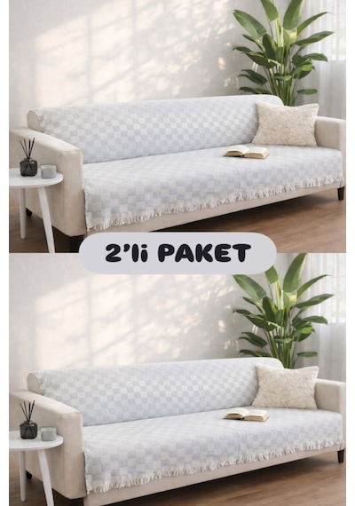 Miracolo Home Pamuklu Koltuk Örtüsü Şalı Kaymaz Dokulu Çok Amaçlı Kanepe Çekyat Örtüsü 170x200 Cm 2'li Paket Açık Gri