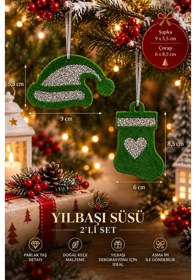Taşlı Keçe Yılbaşı Süsü 2 Li Set Çift Taraflı Işıltılı Dekor 4 Renk Seçenekli Yeşil