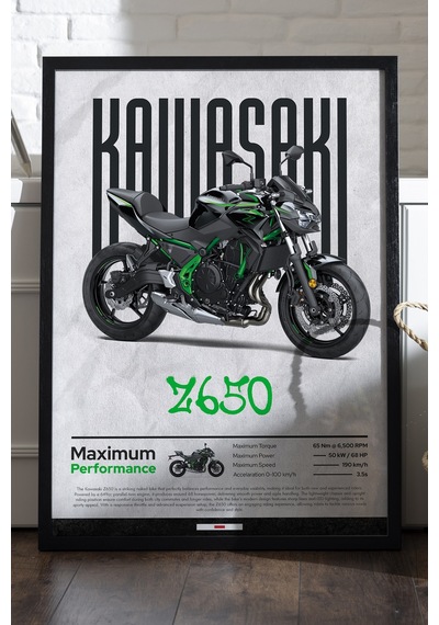 Kawasaki Z650 Siyah Ahşap Çerçeveli Poster, Dekoratif Motosiklet Duvar Tablosu