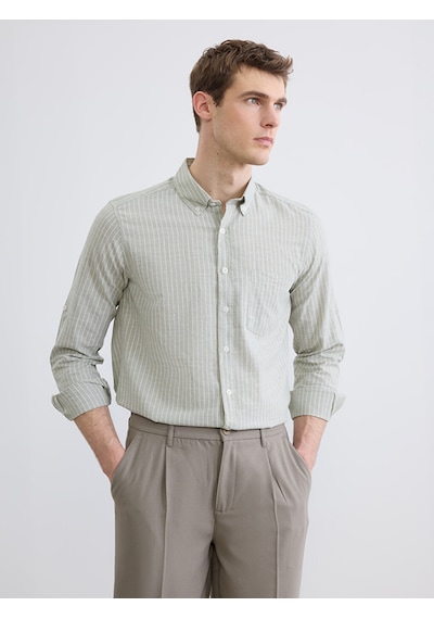 Lcwaıkıkı Classic Yeşil Regular Fit Çizgili Erkek Keten Karışımlı Gömlek