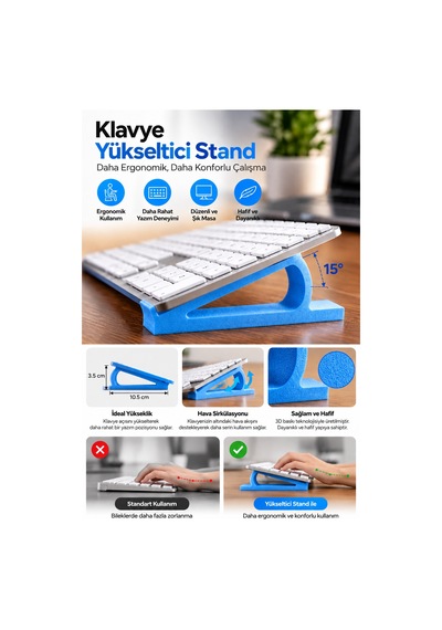 Ergonomik Klavye Yükseltici Stand - 15 Açılı 3d Baskı Masaüstü Klavye Tutucu