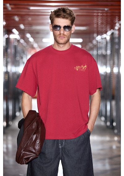 Grımelange Manoır Erkek Organik Pamuklu Baskı Detaylı Rahat Kalıp Kırmızı T-shirt KIrmızı