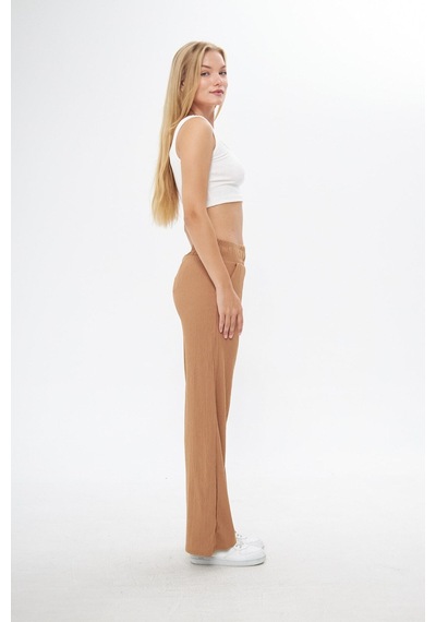Thiff Gymwear Siyah Beli Lastikli Bol Paça Çift Cepli Yüksek Bel Bürümcük Örme Kadın Pantolon Camel