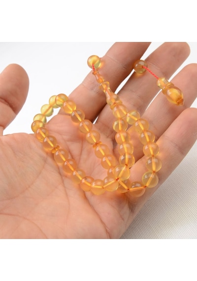 Küre Kesim 8x8 Mm İmzalı Seri Ateş Kehribar Sistem Püsküllü Tesbih Sarı