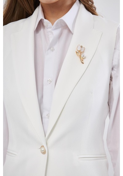 Lovelf Broş Detay İnci Düğme Yelekli Takım Ekru Ekru