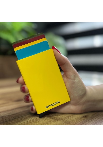 Wrapsol Mekanizmalı Kartlık Rfid Korumalı Alüminyum Otomatik Mekanizmalı Kredi Kartlık Renkli Mat Kırmızı Parlak Sarı Parlak Sarı