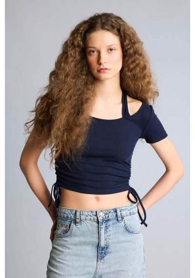 Defacto Fıtted Halter Yaka Kısa Kollu Tişört G7955ax26hsnv147 Lacivert-nv147