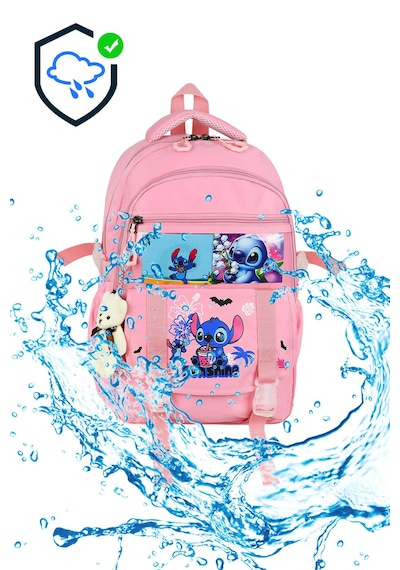 Stitch Baskılı Ortopedik Aksesuarlı Anahtarlıklı Okul Çantası Termal Beslenme Ve Kalemlikli Set Pembe