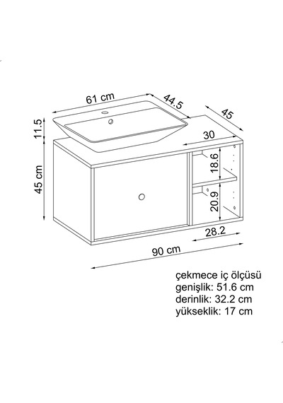 Gusto Ayaksız Lavabolu Mdf 90 Cm Çekmeceli Banyo Dolabı Atlantik Çam