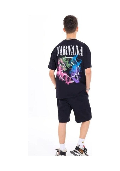 Marions Erkek Çocuk Pamuklu Nirvana Yazılı Sırtı Baskılı Renkli T-shirt-13732-siyah Siyah