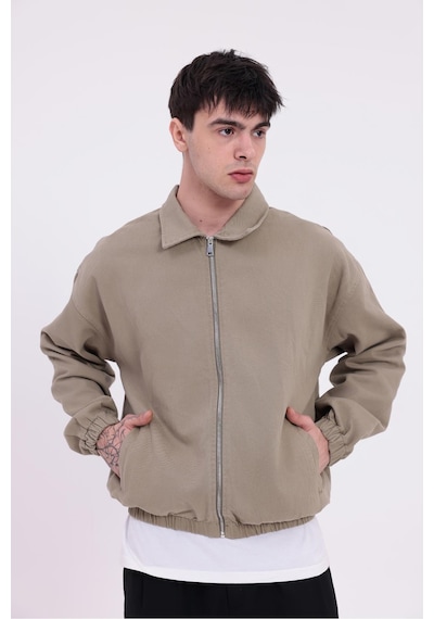 Erkek Gabardin Kumaş Fermuarlı Oversize Beli Lastikli Mevsimlik Ceket-265 Haki