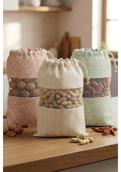 3 Adet Bakliyat Kesesi Büyük Boy 24x34 Erzak Kuru Gıda Saklama Kabı Torbası Fileli Bez Soft-Set 101