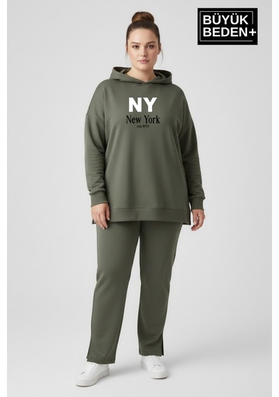 Superlife Büyük Beden Kapşonlu Ny Newyork Baskılı Tunik İnce Sweatshırt Spr26btk991-1 Haki