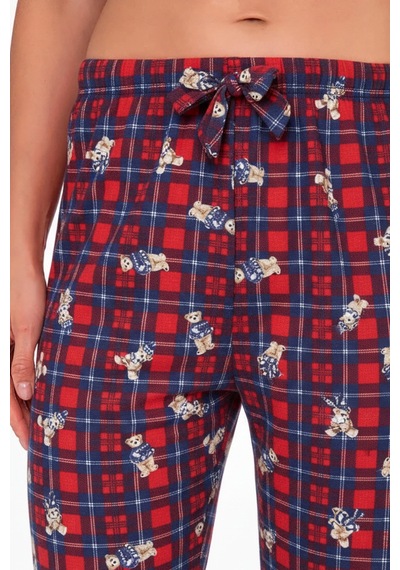 Kadın Süet Ekoseli Ayıcık Desen Pijama Tek Alt Lacivert