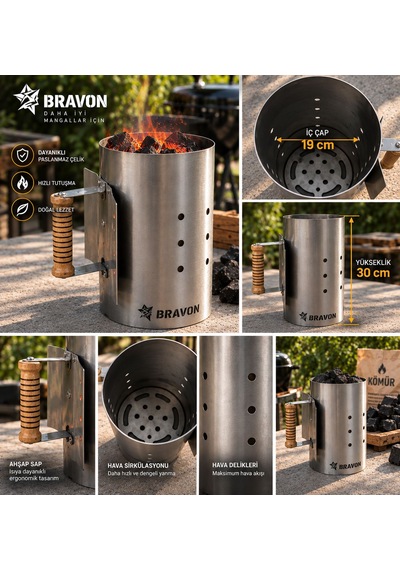 Bravon Outdoor Tutuşturma Bacası , Kömür Ateşleme Bacası, Har Bacası,1,2mm Paslanmaz Ömürlük , Siperlikli