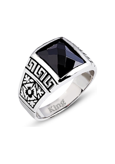 Kuyumcudukkanı Baget Kesim Taşlı Gümüş Erkek Yüzük-60008-w-blk 21 Beyaz