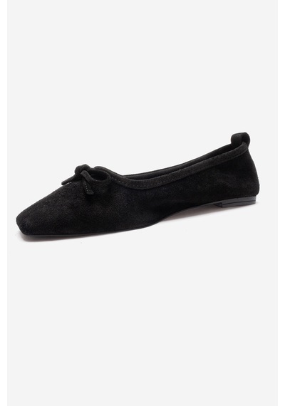 Luvishoes Sosa Siyah Süet Hakiki Deri Küt Burunlu Fiyonklu Kadın Babet Ayakkabı Siyah