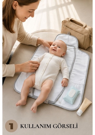 Babydola Seyahat Pratik Alt Açma Minderi Premium Kalite Katlanabilir Bebek Alt Değiştirme Matı Su Geçirmez Cepli Taşınabilir Alt Açma Çantası 49x75 CM