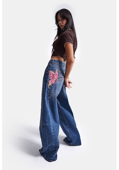 Kadın Koyu Mavi 2w6-1 Mega Barrel Fit Nakış Özel Tasarım Denim Jean
