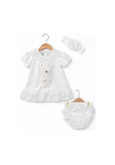 Kardeşler Bebe Dantelli Ayıcıklı Kız Bebek Elbise Takım Saç Bantlı 3 Lü Set Beyaz