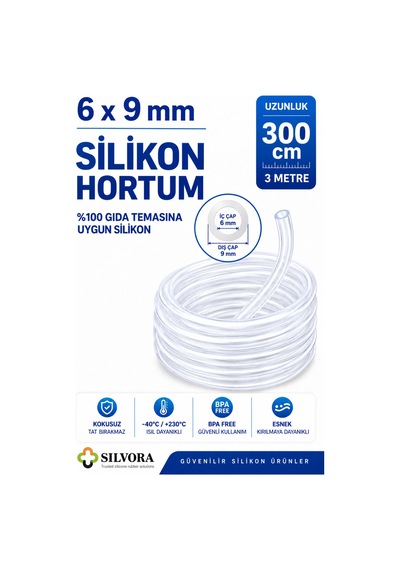 %100 Silikon Hortum 6x9 Mm-iç Çap 6 Mm-dış Çap 9 Mm-3 Metre-gıda Temasına Uygun, Şeffaf, Esnek - 908214636