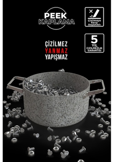 Brioni Stone-age 3 Parça 28cm Basık- 28cm Tava Çizilmez Yanmaz Yapışmaz Kombin Tencere Tava Seti Gri