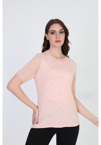 Ella Camelia Kadın Taş Detaylı Bluz 19E056 Pudra