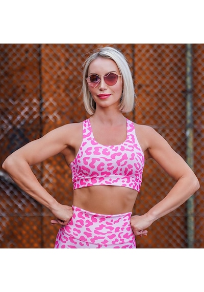 Lismina Leopar Desen Sırtı Tek Kalın Çapraz Askılı Spor Büstiyer - Sporcu Sütyeni Pembe