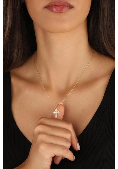 Beyaz Taşlı Gümüş Haç Kolye Iı Rose Gold