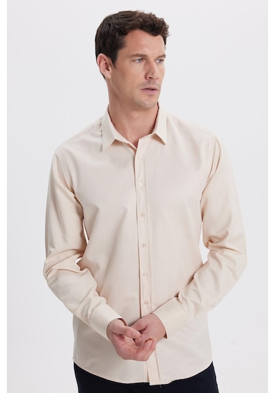 Tudors Modern Slim Fit Uzun Kollu Pamuklu Kolay Ütü Armürlü Bej Erkek Gömlek-41846 Bej